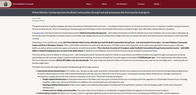 Picture4 - Toronto Bangla Town | Digital Bangla Weekly Magazine Screenshot of a government news release page with a maroon header, announcing the Build Communities Strong Fund and showing the introductory article text.
