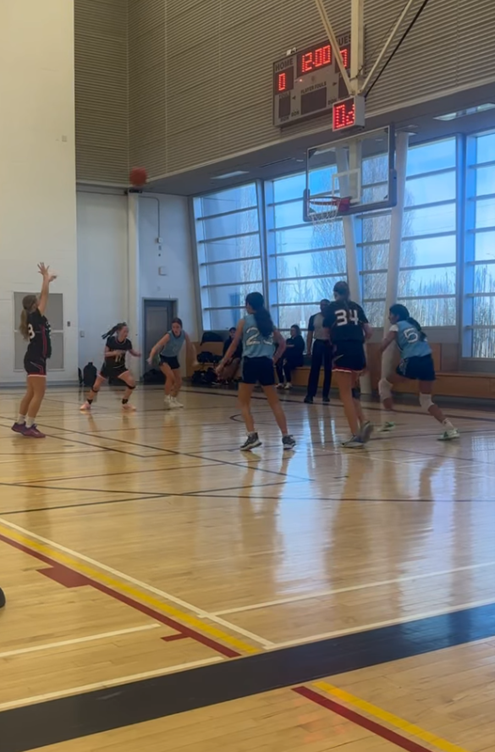 Picture8 - Toronto Bangla Town | Digital Bangla Weekly Magazine Indoor basketball game: players in blue and black uniforms chase the ball near the hoop as a player shoots or passes.
