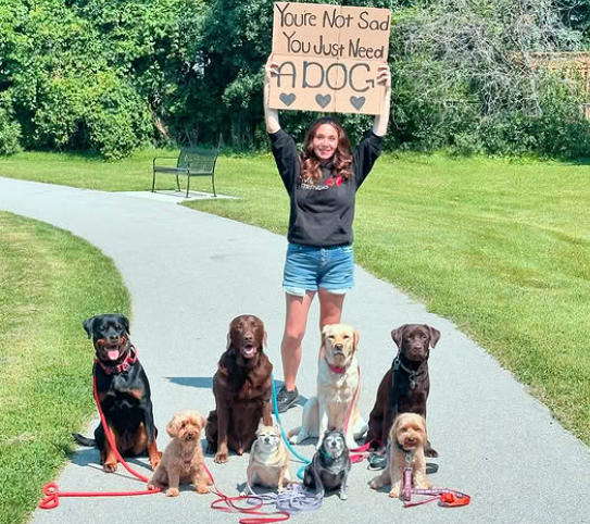 Picture8 - Toronto Bangla Town | Digital Bangla Weekly Magazine Girl holding a cardboard sign that reads 'You're not sad you just need a dog,' standing with seven dogs on a park path.