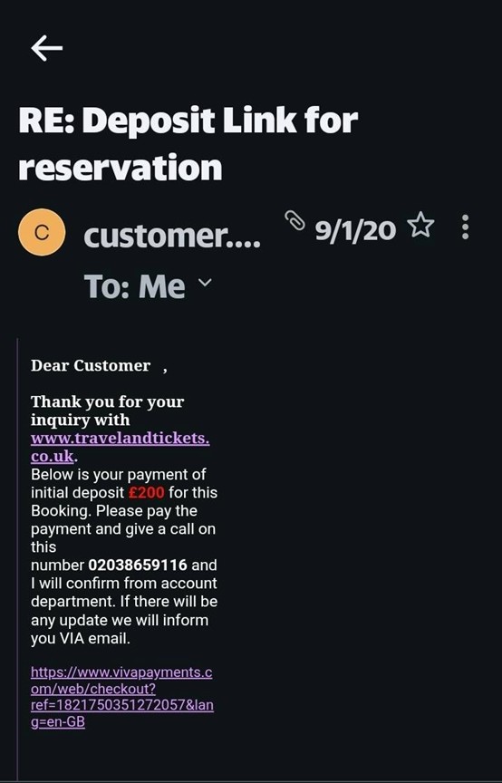 Picture9 - Toronto Bangla Town | Digital Bangla Weekly Magazine Screenshot of an email with subject 'RE: Deposit Link for reservation' dated 9/1/20, asking the customer to pay a £200 deposit via phone contact 02038659116 and links to travelandtickets.co.uk and vivapayments.com.