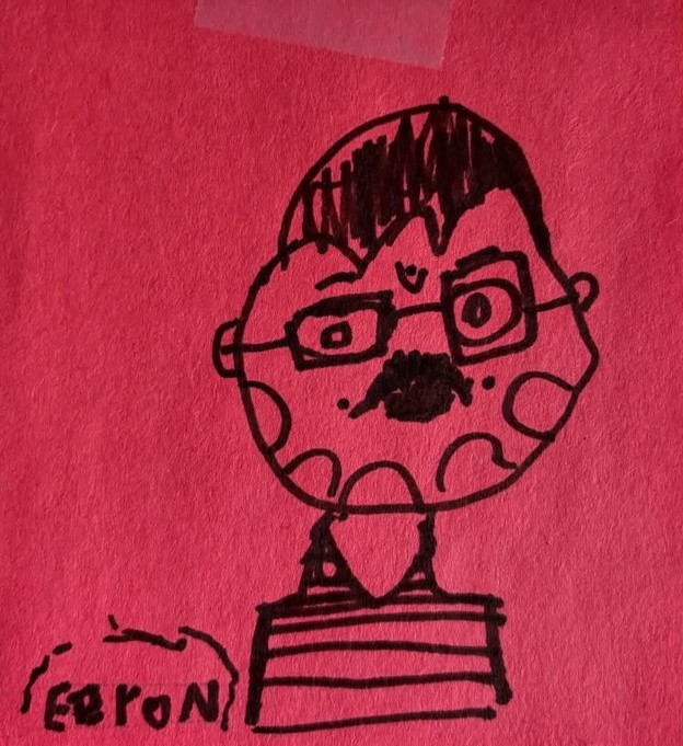 Picture11 - Toronto Bangla Town | Digital Bangla Weekly Magazine Cartoon bust of a man with glasses and a mustache, wearing a striped shirt, drawn in black ink on pink paper.