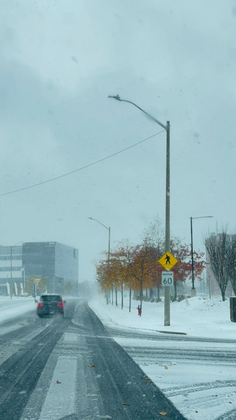 Picture2 - Toronto Bangla Town | Digital Bangla Weekly Magazine Snowy street with a car driving away, wet tire tracks in the snow, and a pedestrian crossing sign by a lamppost on the right. visibility reduced by falling snow.