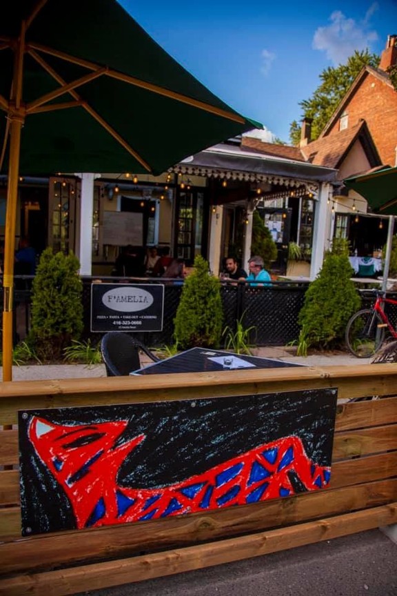 Picture8 - Toronto Bangla Town | Digital Bangla Weekly Magazine Outdoor cafe patio with diners under string lights; a colorful abstract painting hangs on a wooden railing in the foreground.